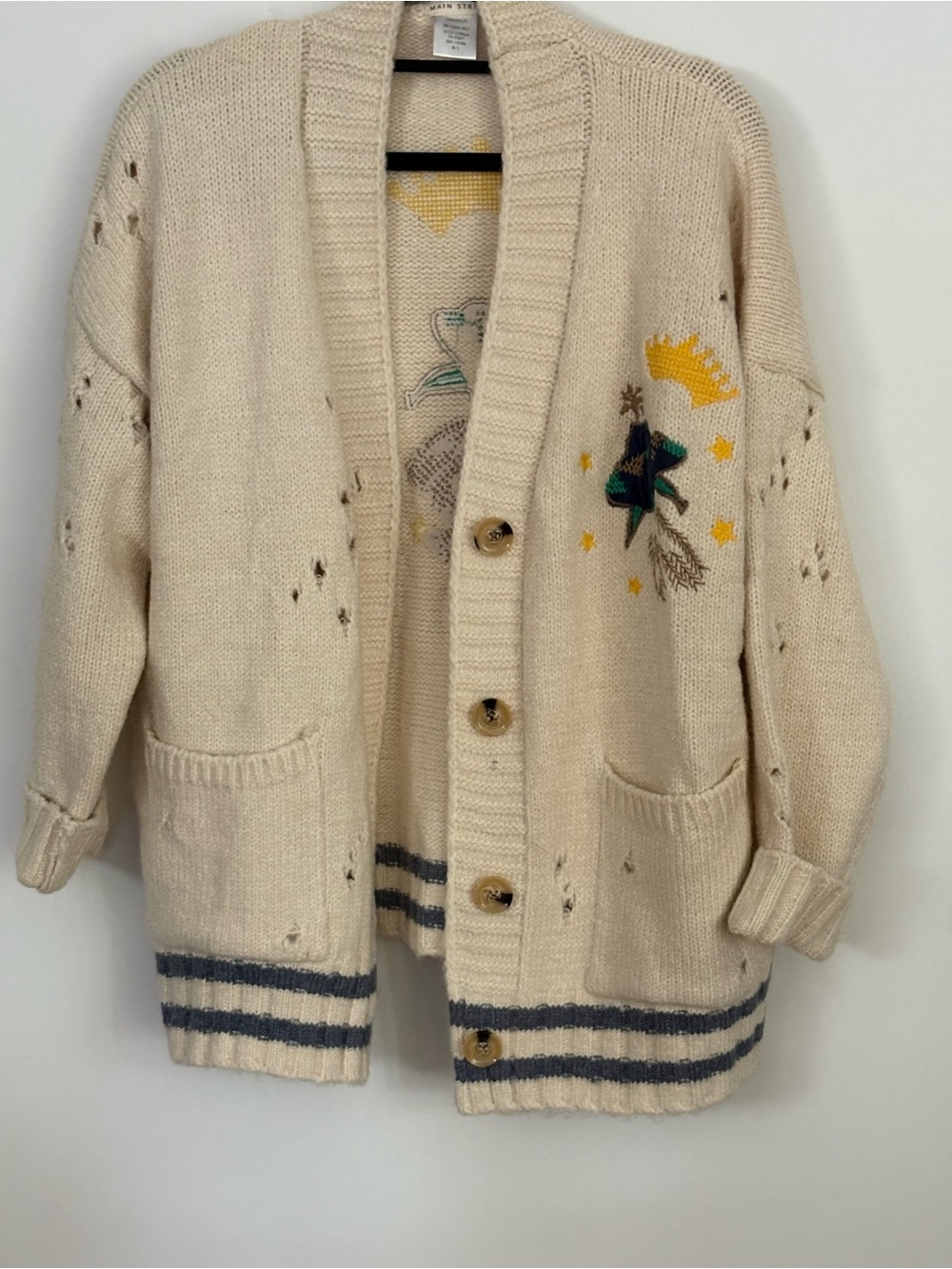 Main Strip Cream Embroidered Button-Front Cardigan with Navy Trim
